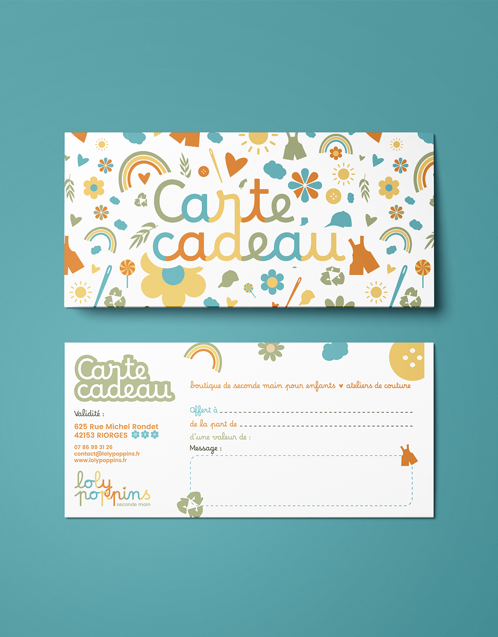 Création carte cadeau à Roanne pour Loly poppins à Riorges. Agence de communication à Roanne.