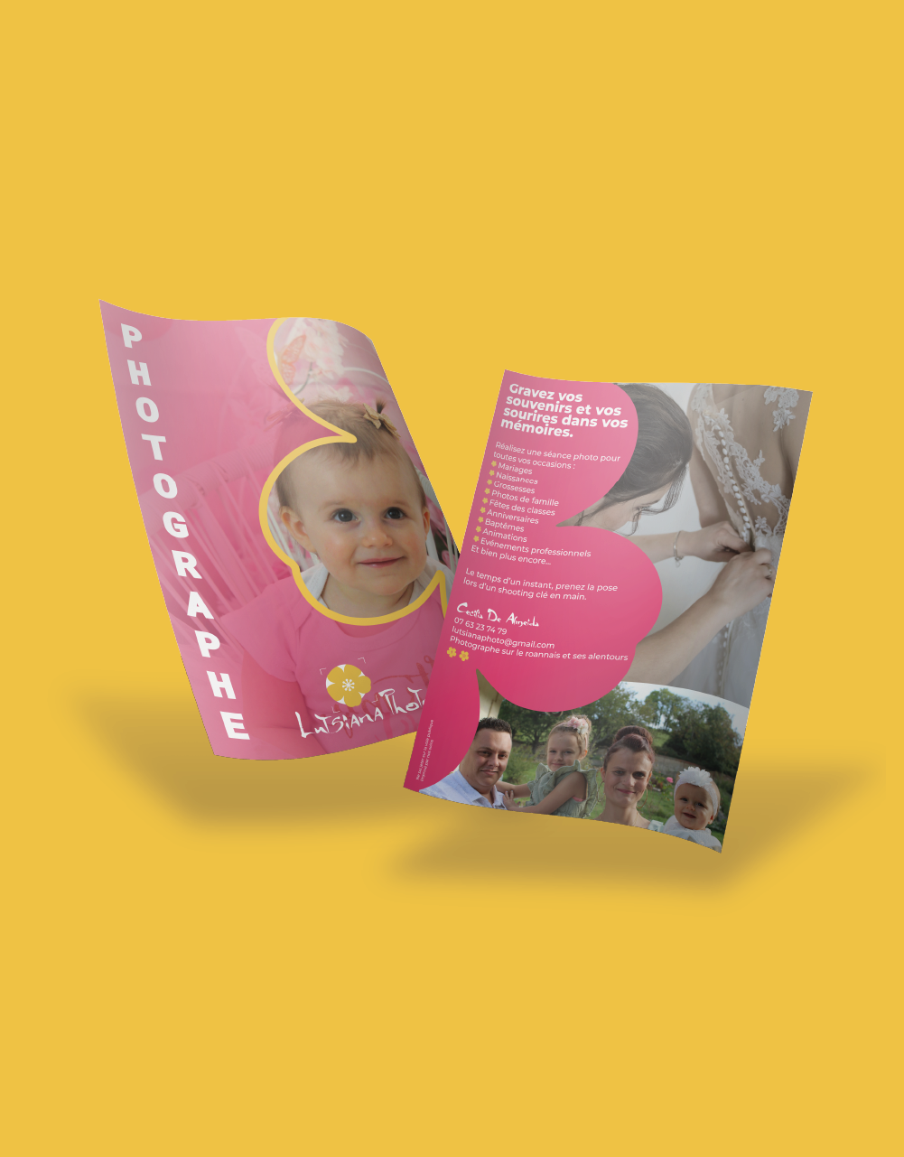 Création de flyers, supports de communication à Roanne. Impression pour une photographe à Roanne. Agence de communication à Roanne.